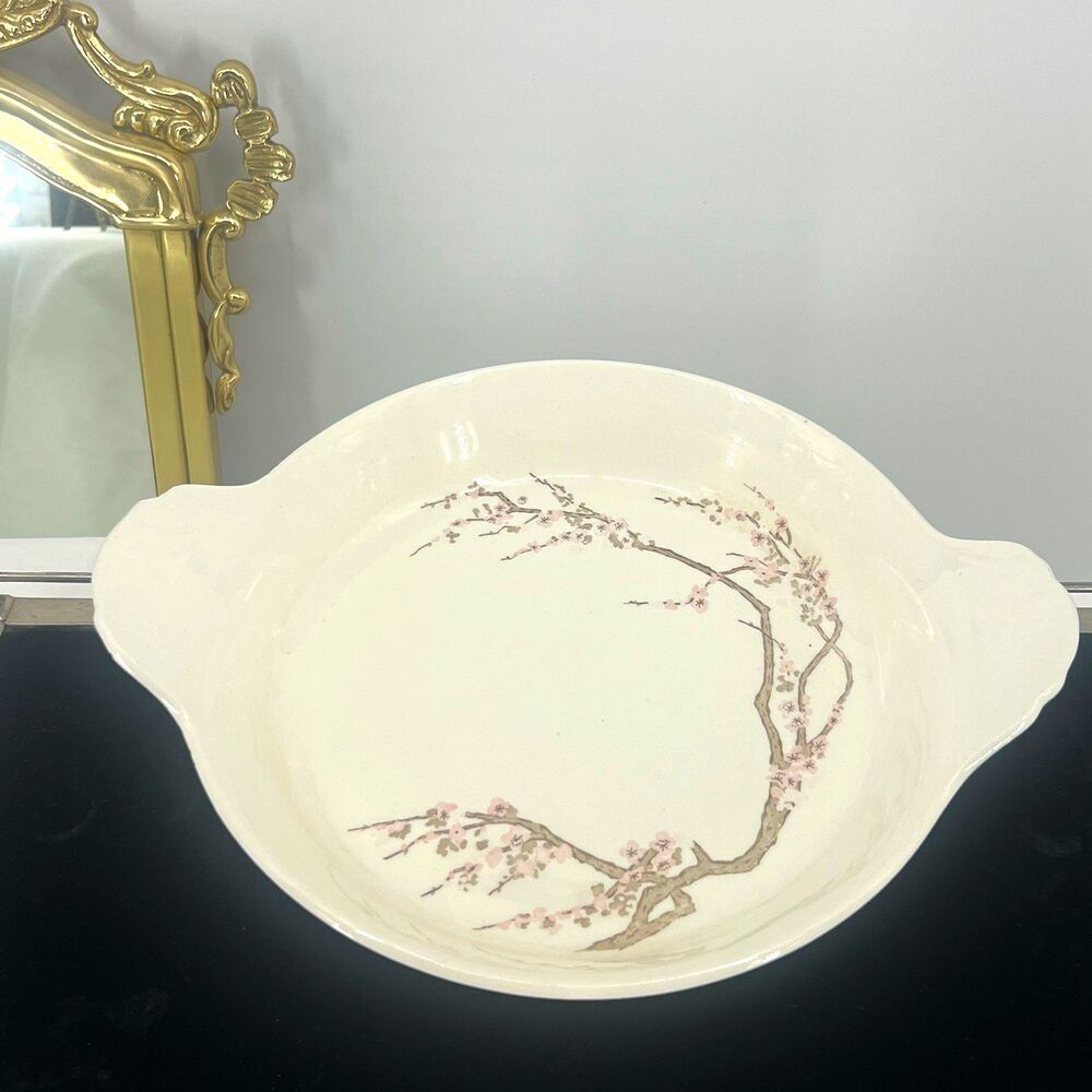 Hand Painted Japan Porcelain pie pan Plum Blossom White Pink Brown Glossy